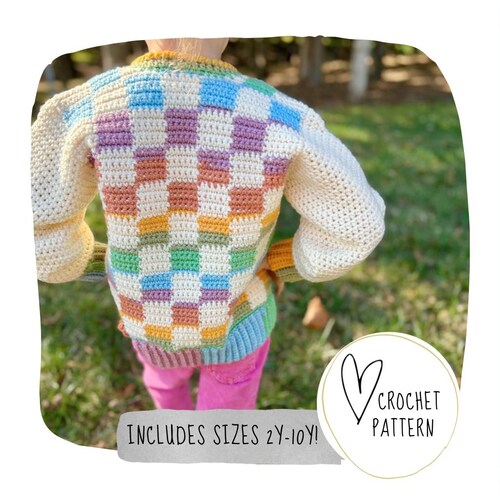 The CHILD Checkered Cardi Pattern - DIGITAL PDF/Checkered Crochet Cardigan Pattern/Crochet Checkered Sweater/Modern Crochet Cardigan Pattern