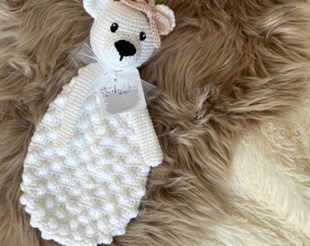 Polar Bear Bobble Buddy Lovey READY TO SHIP / Stuffed Bear / Bear Snuggler / Baby Blanket / Baby Shower Gift / Sensory Toys / 1st Birthday