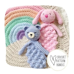 May include: A crochet pattern bundle featuring a rainbow blanket with a blue bear and a pink bunny. The text "Crochet Pattern Bundle" is visible in the image.