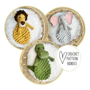 May include: Crochet pattern bundle featuring three amigurumi animal toys: a lion, an elephant, and an alligator. Each toy is sitting on a white crocheted blanket.