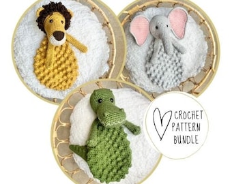 BUNDLE: Crochet Zoo Bobble Buddy Patterns -- Lion//Alligator//Elephant - DIGITAL PDF/Amigurumi Comforter/Security Blanket/Heirloom Baby Gift