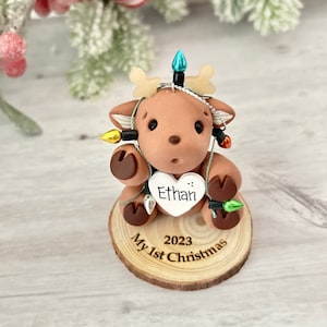 Reindeer Baby First Christmas ornament personalized. Baby boy, Baby girl, Reindeer tangled in Christmas lights image 1
