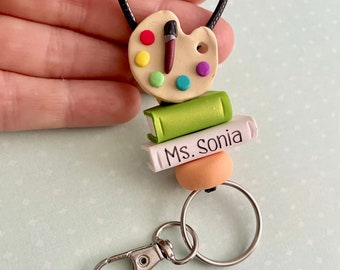 Art teacher lanyard, Personalized art teacher lanyard, Art teacher gift with paint palette, Paint brush and books lanyard