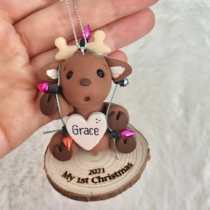 Reindeer Baby First Christmas ornament personalized. Baby boy, Baby girl, Reindeer tangled in Christmas lights image 4