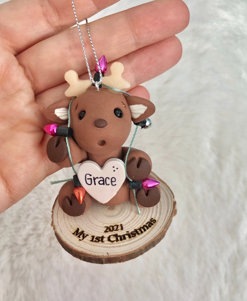 Reindeer Baby First Christmas ornament personalized. Baby boy, Baby girl, Reindeer tangled in Christmas lights image 4