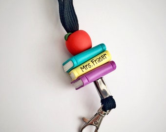 Personalized teacher lanyard, Gift for teacher, Custom teacher lanyard, ID badge holder, Teacher gifts ideas, Books and apple lanyard