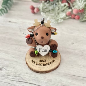 Reindeer Baby First Christmas ornament personalized. Baby boy, Baby girl, Reindeer tangled in Christmas lights image 2