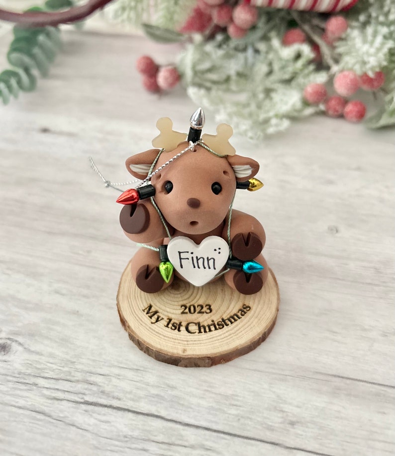 Reindeer Baby First Christmas ornament personalized. Baby boy, Baby girl, Reindeer tangled in Christmas lights image 2