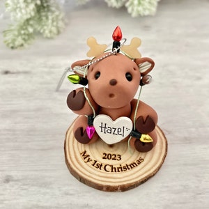 Reindeer Baby First Christmas ornament personalized. Baby boy, Baby girl, Reindeer tangled in Christmas lights image 5