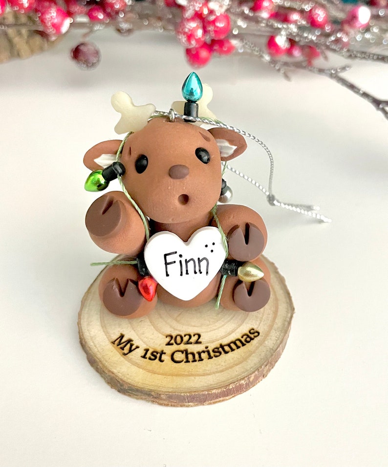 Reindeer Baby First Christmas ornament personalized. Baby boy, Baby girl, Reindeer tangled in Christmas lights image 3