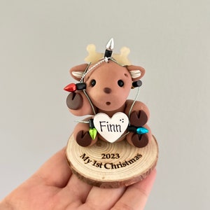 Reindeer Baby First Christmas ornament personalized. Baby boy, Baby girl, Reindeer tangled in Christmas lights image 6