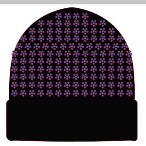 May include: Black beanie with a purple and blue floral pattern.