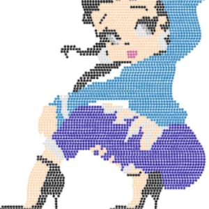 Pode incluir: Uma ilustração de desenho animado de uma menina com cabelo preto vestindo uma jaqueta com capuz azul e uma saia roxa. Ela está sentada com as pernas cruzadas e usando sapatos de salto alto pretos.