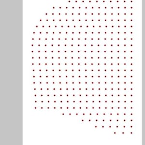 May include: A white background with a pattern of small, dark red dots arranged in a slightly curved, irregular shape.