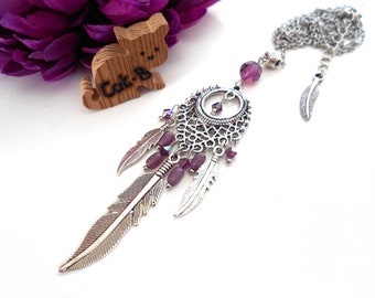 necklace necklace beads in amethyst crystal and feather in aged silver metal