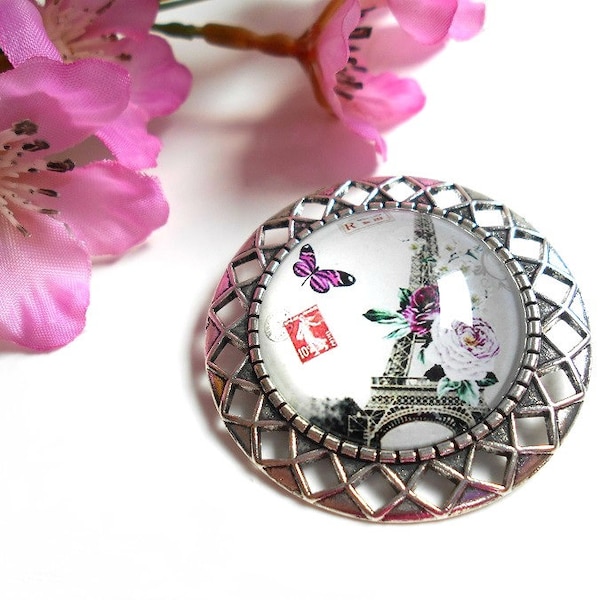 Tour Eiffel Paris - Grosse broche cabochon verre 30mm style retro, vintage, romantique