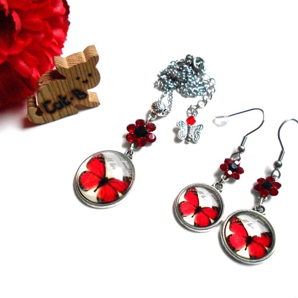 Parure bijoux boucles d'oreilles pendantes et collier pendentif cabochon papillon et fleurs en cristal  rouge et noir