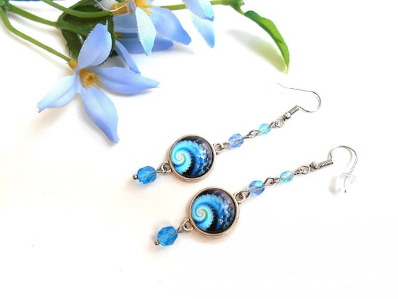 blue Ding earrings cabochon glass pendant graphic