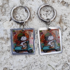 Snoopy-Cute Dog on Scooter Earrings – Handmade Resin Charm with Stainless- Fun Retro Jewelry Gift- Snoopy earrings