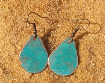 Handmade Copper Patina Dangle Earrings, Rustic Turquoise Jewelry