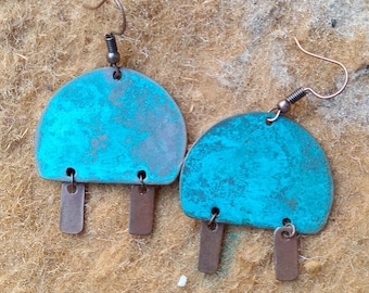 Handmade Copper Patina Crescent Earrings, Boho Jewelry