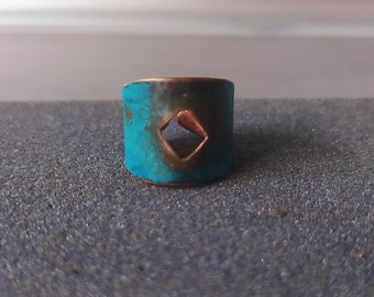 Hammered copper patina ring,Unisex turquoise patina rings, Blue rings,