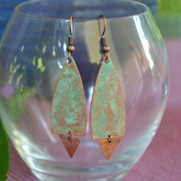 Copper patina earrings,Brass earrings,Vintage earrings,Minimal earrings,Boho earrings,Handmade jewelry, Turquoise Earrings