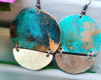 Copper patina earrings,Vintage earrings,Geometric earrings,Boho earrings,Handmade jewelry, Turquoise Earrings,Unique,Moon