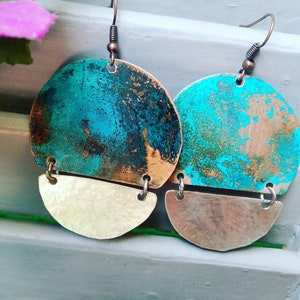 Copper patina earrings,Vintage earrings,Geometric earrings,Boho earrings,Handmade jewelry, Turquoise Earrings,Unique,Moon