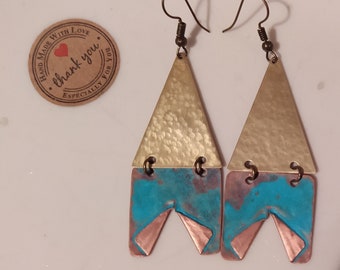 Copper rustic earrings, Patina jewelry,Brass earrings, Turquoise jewelry, Dangle earrings