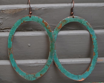 Copper patina earrings,Vintage earrings,Minimal earrings,Boho earrings,Handmade jewelry, Turquoise Earrings,Oval