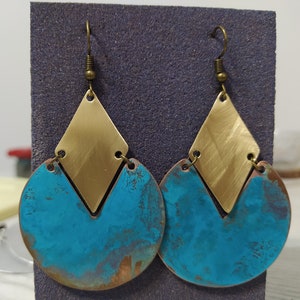 Copper earrings with verdigris patina,Blue patina jewelry, Copper patina earrings, Statement earrings, Greek statement earrings