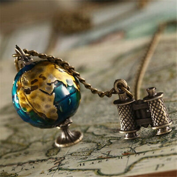 Globe Planet Carte, pendentif d’art vintage, Collier Earthball, Collier de carte du monde Cadeau de voyage