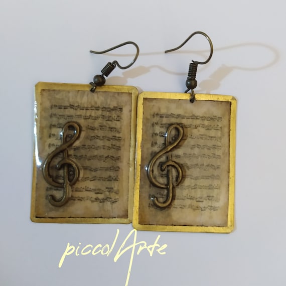 Boucles D'oreilles Clé De Sol Et Notes De Musique En Bronze – Fait Main, Neuf Avec étiquettes