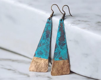 Hammered Copper Patina Earrings, Turquoise Boho Dangles