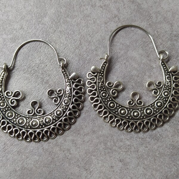 Silver plated hoop earrings,Hoop earrings,Boho earrings,Tribal jewelry, Ethnic jewelry, Hippie jewelry, Ethnic silver earrings