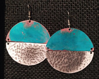 Handmade Copper Patina Earrings, Rustic Turquoise Aluminum Jewelry