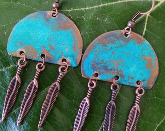 Copper earrings, Dangle earrings, Antique earrings, Handmade jewelry, Copper jewelry,Boho earrings,Patina earrings, Turquoise earrings