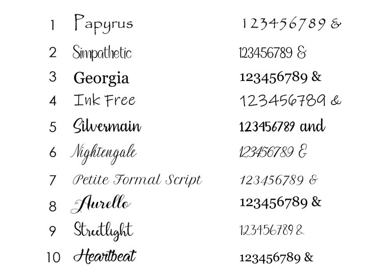 May include: A list of 10 different fonts with their names and a sample of the numbers 1 through 9 and the ampersand symbol. The fonts are Papyrus, Simpathetic, Georgia, Ink Free, Silvermain, Nightengale, Petite Formal Script, Aurello, Streetlight, and Heartbeat.