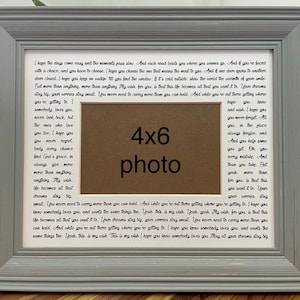 May include: A white picture frame with a 4x6 inch opening. The frame has a gray distressed finish and a printed quote inside. The quote is about hope, love, and dreams.