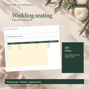 Könnte beinhalten: Eine digitale Excel-Vorlage für Hochzeits-Sitzpläne mit einer Tabelle, die Spalten für Gastname, Tischname, Sitzplatz, Ernährungshinweise und Zuweisungsprüfung enthält. Das Design zeigt den Text Stickerdood, The Wedding Edit und 20 tables.
