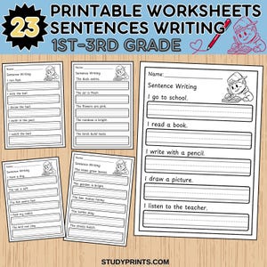 May include: Printable sentence writing worksheets for 1st-3rd grade students. The worksheets feature fill-in-the-blank sentences with illustrations. The image includes the text "PRINTABLE WORKSHEETS 23 SENTENCES WRITING 1ST-3RD GRADE".
