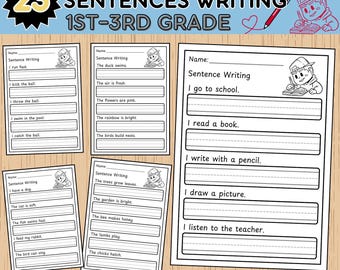 Könnte beinhalten: Druckbare Arbeitsblätter zum Schreiben von Sätzen für Schüler der 1. bis 3. Klasse. Die Arbeitsblätter enthalten Lückensätze mit Illustrationen. Das Bild enthält den Text "PRINTABLE WORKSHEETS 23 SENTENCES WRITING 1ST-3RD GRADE".