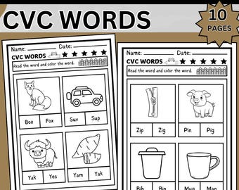 CVC Words Read & Color Worksheets | Kindergarten Literacy Activity