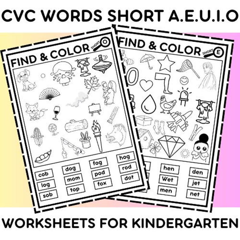 May include: Black and white printable worksheet for kindergarten students. The worksheet features a find and color activity with CVC words. The words are: cob, dog, fog, hog, mom, pod, rod, hen, log, fox, dot, sob, top, wet, den, jet, men, net.