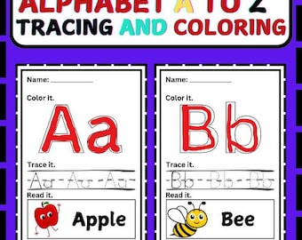 May include: A printable worksheet for tracing and coloring the letters A and B. The worksheet includes the words "Apple" and "Bee" with illustrations of an apple and a bee.