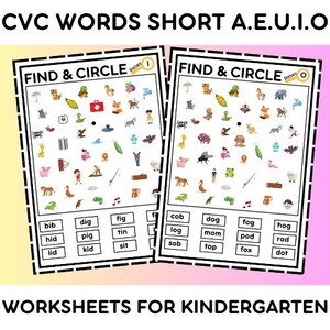 May include: Two black and white worksheets with the title "CVC Words Short A.E.U.I.O" and "Find & Circle" with a picture of a magnifying glass. The worksheets have a grid of pictures and a grid of words. The words are "bib, dig, fig, hid, pig, tin, lid, kid, sit, cob, dog, fog, hog, log, mom, pod, rod, sob, top, fox, dot".