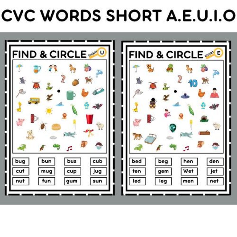 May include: A printable worksheet with two colorful images. Each image has a grid of 36 pictures. The first image has the words "Find & Circle Short U" at the top. The second image has the words "Find & Circle Short E" at the top. Below each image is a grid of 12 words with the short vowel sound.