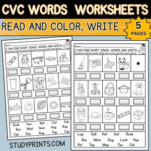 以下が含まれることがあります： 「READ AND COLOR, WRITE」と「5 PAGES」のテキストが入った、白黒のCVC単語ワークシート。ワークシートには、オブジェクトのイラストと単語の穴埋め問題が含まれています。「STUDYPRINTS.COM」のウェブサイトも表示されています。