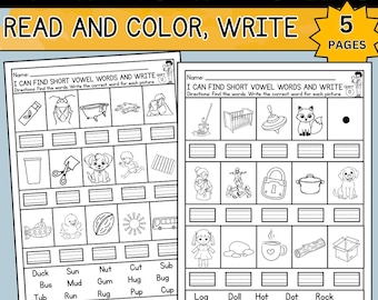 Short Vowel  Words Worksheets | Kindergarten Phonics Activity | Write & Color Word Match | Literacy Printable PDF